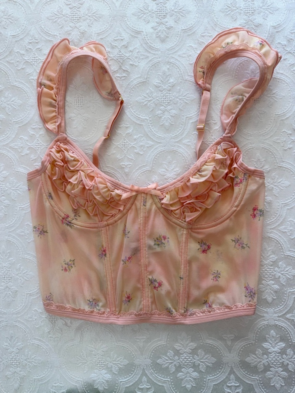 Out From Under Urban Outfitters Pink Floral Mesh Corset Top Bustier Ruffle